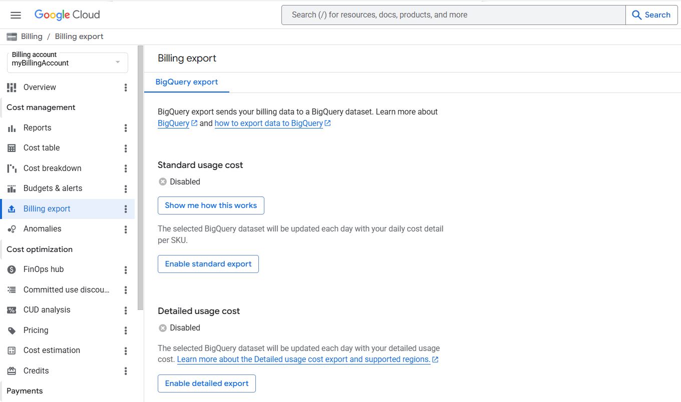 Cloud Console Billing export page, BigQuery export tab. Standard usage cost is Disabled, with an 'Enable standard export' button.