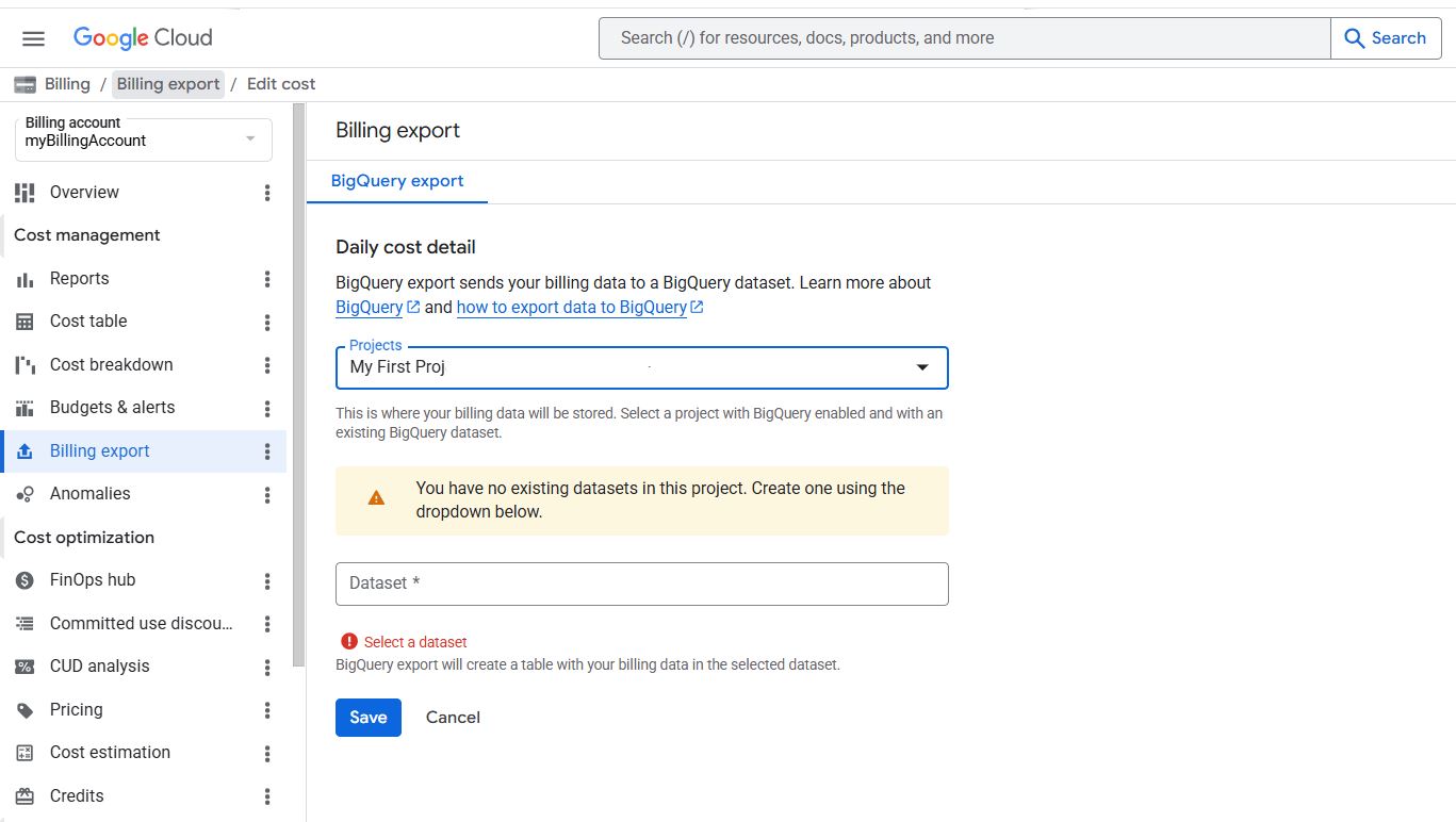 Edit cost dialog with a Projects dropdown set to 'My First Proj' and a Dataset field showing 'Select a dataset' error.