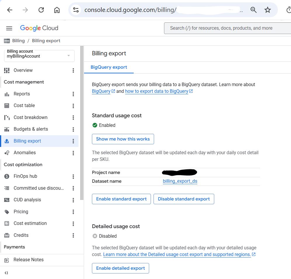 Billing export page after enabling. Standard usage cost shows Enabled (green check) with Project name and Dataset name: billing_export_ds. Detailed usage cost remains Disabled.