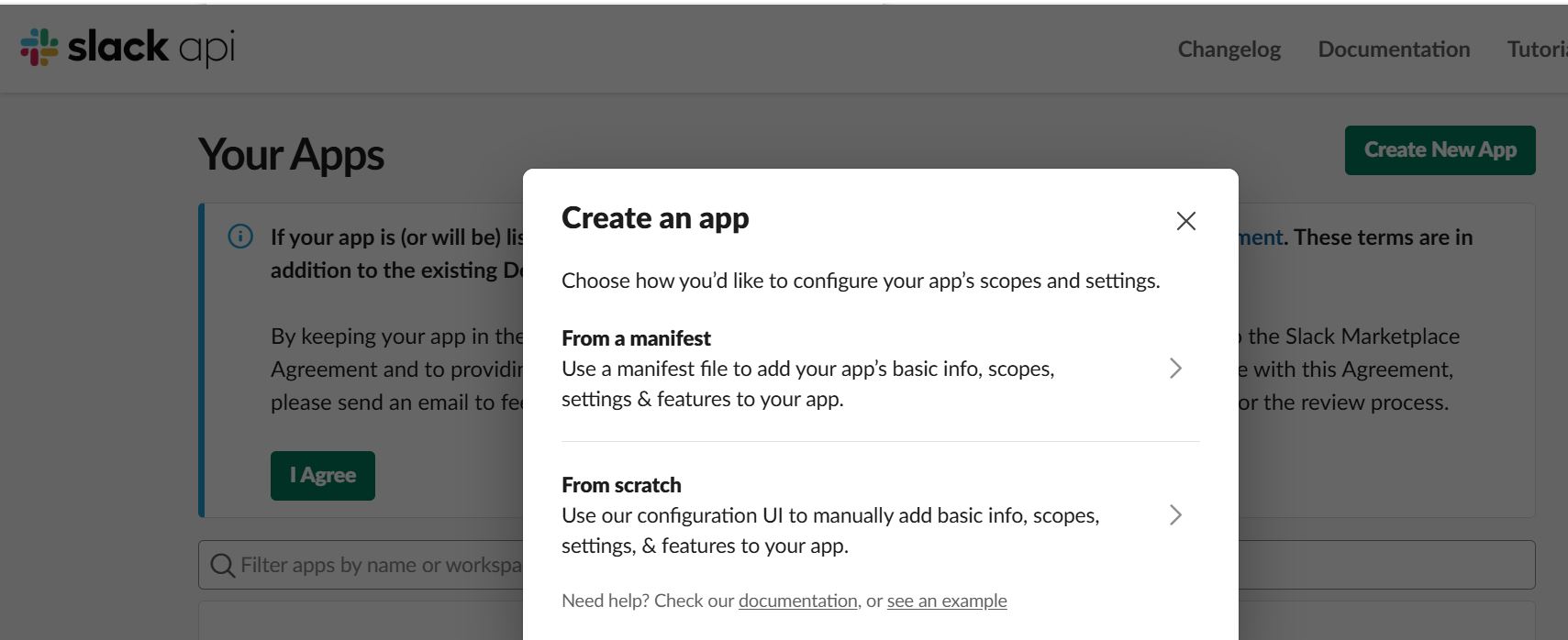 Create an app modal with two options: From a manifest and From scratch.