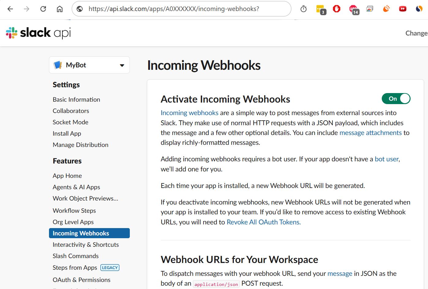 Incoming Webhooks settings page with an Activate Incoming Webhooks toggle switched On in the top right.